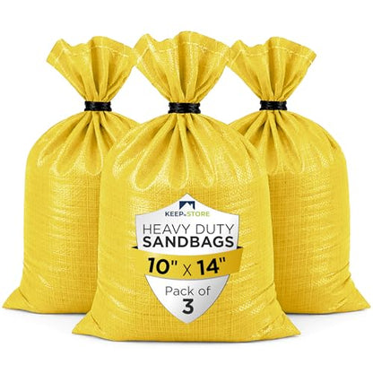 Heavy Duty Sand Bags Pack of 3, Bright Yellow Empty Sandbags with Built-In Ties, Woven Polypropylene UV Protection 1600 Hours, Fillable Bags for Flood Control, Weight, 10x14 inches, 15 Pounds Volume - size: 10"W x 14"L, style: Pack of 3