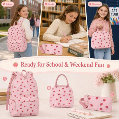 BTOOP School Backpacks for Teen Girls Bookbags Lightweight Kids Backpack School Bags Set with Lunch Box Pencil Case - color: Pink Strawberry