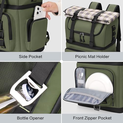 Large Waterproof Insulated Cooler Backpack for Men & Women, Double Decker Leak Proof Cooler Backpack for Beach, Camping, Picnic, Travel, 26L, 44Cans - color: Green