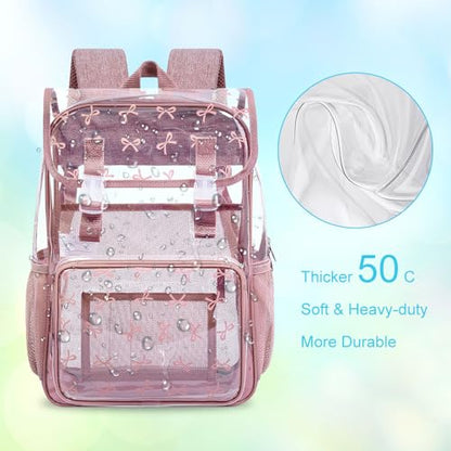 17" Clear Backpack for Girls, School Kids Transparent Bookbag Set, 3Pcs Stadium Approved See Through Backpack with Lunch Box (Pink) - color: Pink Bow