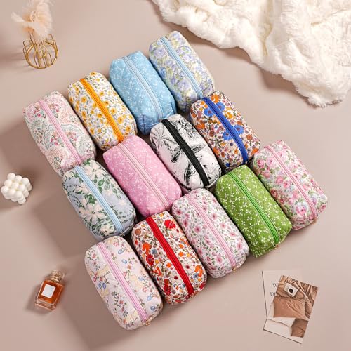 Cute Floral Makeup Bag Small Cotton Quilted Cosmetic Bag, Aesthetic Essential Bag Emergency Bag Gift for Women Girls Travel Accessories (Blue) - color: Blue