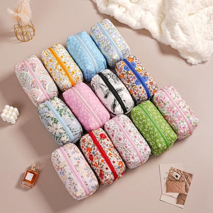 Cute Floral Makeup Bag Small Cotton Quilted Cosmetic Bag, Aesthetic Essential Bag Emergency Bag Gift for Women Girls Travel Accessories (Blue) - color: Blue