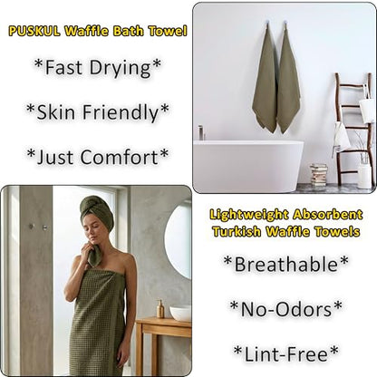 PÜSKÜL Natural 100% Turkish Cotton Waffle Bath Towels Set of 2-Piece | 32x63 inch Extra Large Absorbent Quick-Dry Lightweight Spa Towel | Honeycomb Weave Towel (Khaki Green Bath Towels - Pack of 2) - color: Khaki Green