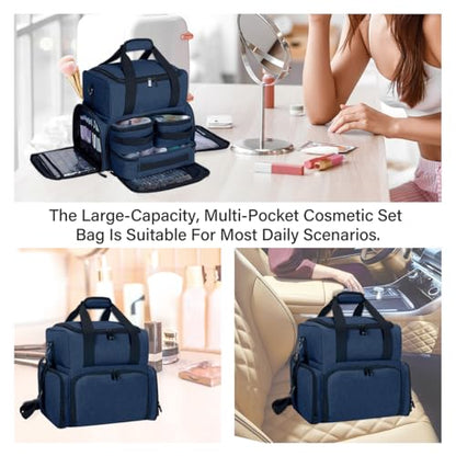Large Makeup Cosmetic Bag with 3 Removable Case and 2 Removable Dividers Double Layer Travel Storage Organizer, Makeup Brushes Storage Section Blue - color: Blue