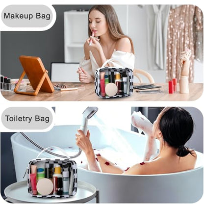 Travel Toiletry Bag Clear Makeup Bags Portable Compact Cosmetic Pouch Makeup Organizer for Women, Skincare Bag with Handle(Black White Checkerboard)