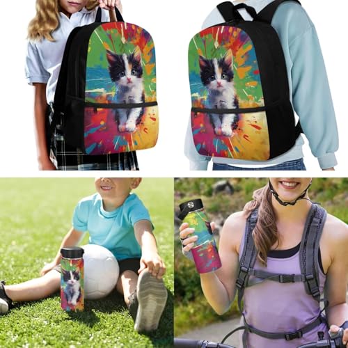 ZOUTAIRONG School Bags and Small Thermos, Colorful Inkjet Cat Design Large Capacity Fashion Casual Backpack with Side Pockets for Mini Water Bottle - color: Colorful Inkjet Cat