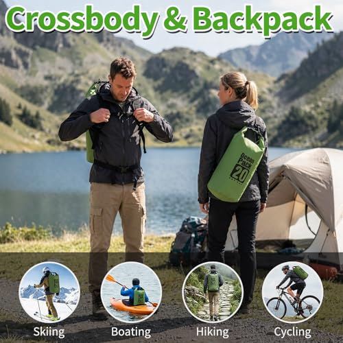 Waterproof Backpack 20L, Army Green Roll Top Water Proof Dry Bag, Heavy Duty Floating Dry Bag for Kayaking Ship Camping, Hiking Backpack with IPX8 Waterproof Phone Pouch-Black, 7" - color: Army green dry bag 20L + Phone pouch 7"