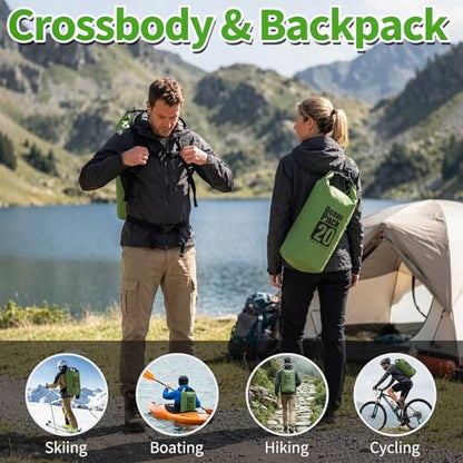 Waterproof Backpack 20L, Army Green Roll Top Water Proof Dry Bag, Heavy Duty Floating Dry Bag for Kayaking Ship Camping, Hiking Backpack with IPX8 Waterproof Phone Pouch-Black, 7" - color: Army green dry bag 20L + Phone pouch 7"