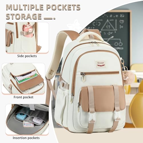 School Backpack for Teen Girls College Backpacks for Women Students Bookbag Large 15.6 Inch Laptop Bags Kids Kindergarten Elementary Middle School Bag Anti Theft Daypack Travel Back Pack Beige - color: Off-white