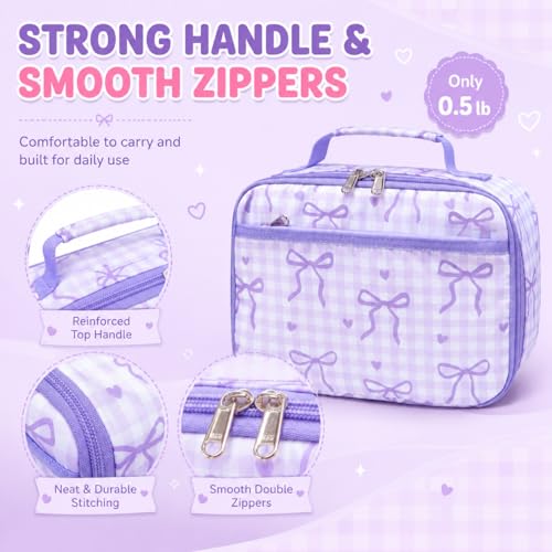 LEDAOU Lunch Box Kids Insulated Lunch Bag Girls Boys Toddler Reusable Lunchbox for School Picnic Hiking (Checkered-Purple Bow) - color: Checkered-Purple Bow