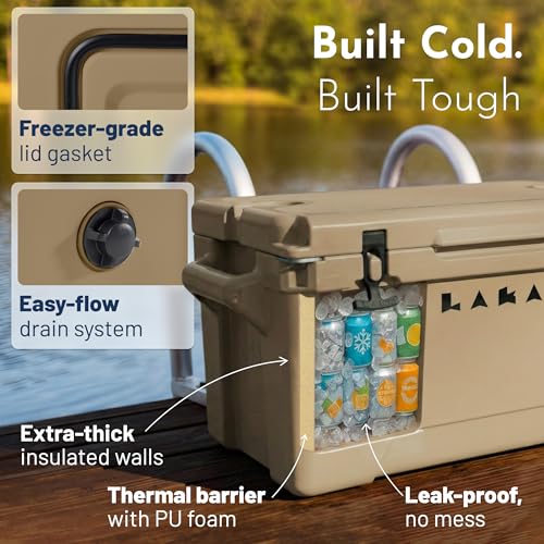 Laka Cooler – 45 Quart Rotomolded Hard Cooler, Insulated Ice Chest Holds 36 Cans/45 lb Ice, Up to 7 Days Cold, Drain Plug + Basket, Non-Slip Feet, Beach Boat Camping Tailgate - color: Tan