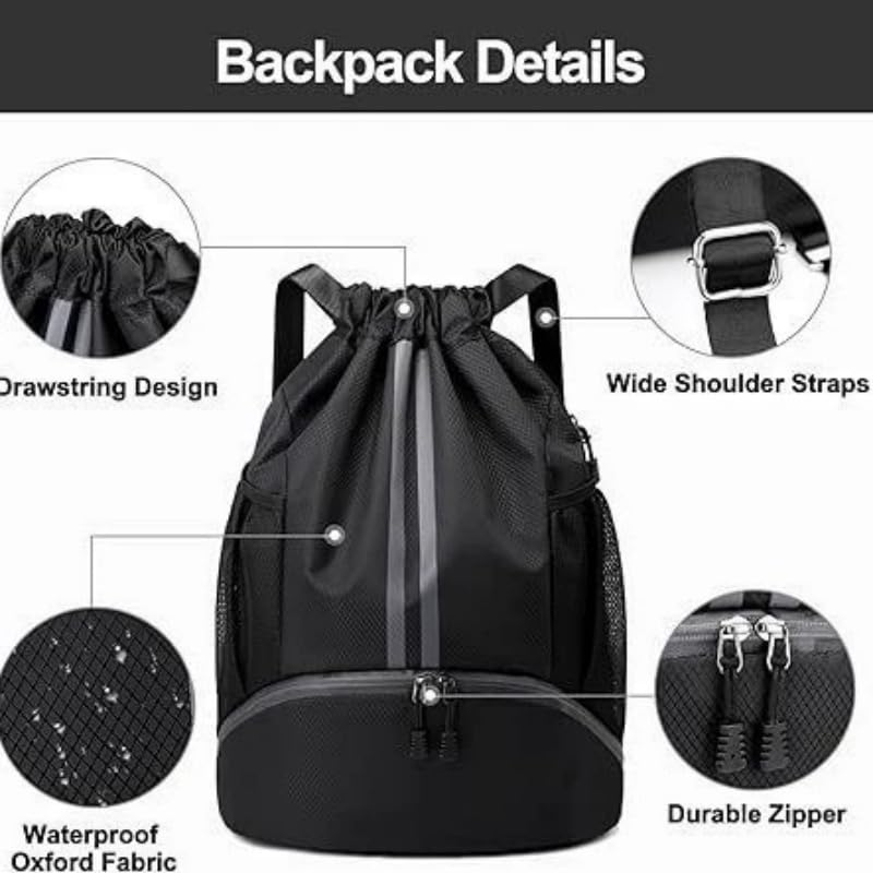 Sport Drawstring Backpack Gym Bag with Shoes Compartment for Soccer, Basketball, Swim, String Backpack Beach Cinch for Women Men