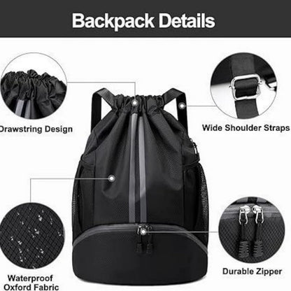 Sport Drawstring Backpack Gym Bag with Shoes Compartment for Soccer, Basketball, Swim, String Backpack Beach Cinch for Women Men