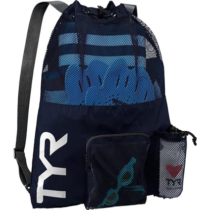 TYR Big Mesh Mummy Backpack for Swim, Gym and Workout Gear, Black, 40-Liter Capacity - color: Navy