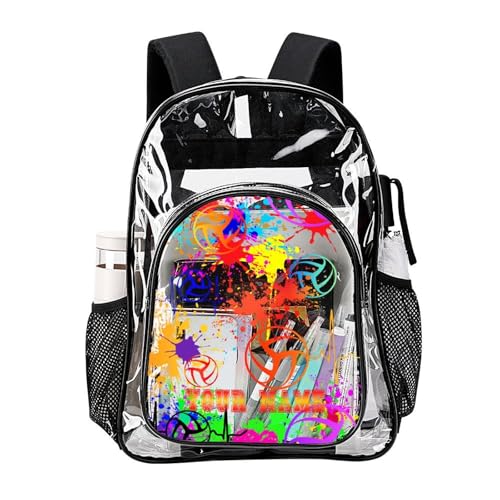 Custom Volleyball Clear Backpack Heavy Duty for Girls Kids Boys | Large Cool PVC Volleyball Theme Printing Transparent Backpacks for Schools Stadium Concerts Work - Clear/Black - color: Volleyball Clear Backpack 1 Black With Front Pocket Custom