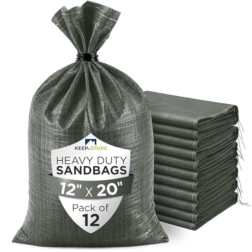 Heavy Duty Sand Bags Pack of 12, Army Green Empty Sandbags with Built-In Ties, Woven Polypropylene UV Protection 1600 Hours, Fillable Bags for Flood Control, Weight, 12x20 inches, 25 Pounds Volume - size: 12"W x 20"L, style: Pack of 12