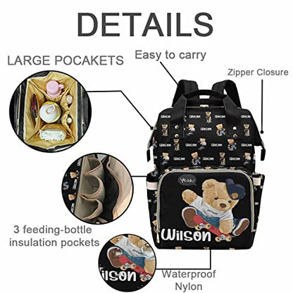 Custom Bear Diaper Bag Backpack for Baby Boy, Personalized Name Cute Cartoon Large Nappy Nursing Orangizer Mommy Bags, Waterproof Travel Daypack for Dad Mom Gifts - color: Bear-black-02