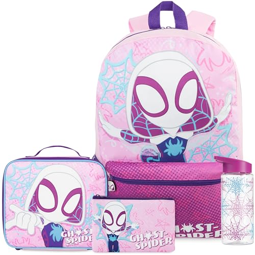 Get Trend Marvel Ghost Spider Kids Backpack 4 Piece Set | 18 inch Bookbag, Insulated Lunch Bag, Zipped Pencil Case & BPA-Free Water Bottle for School & Travel, Gifts for Girls - color: Pink Ghost Spider