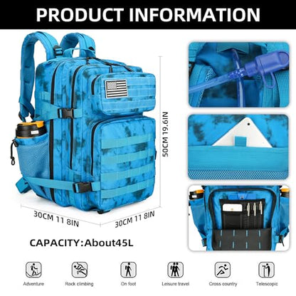 Lovelinks21 45L Tactical Assault Backpack 3 day assault pack with Molle Waterproof backpack Rucksack for Tactical Backpacks (Blue water pattern) - color: Blue Water Pattern