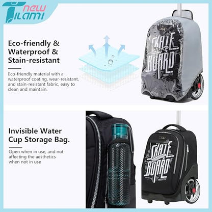 NEW TILAMI 19 Inch Rolling Backpack with Lunch Bag for Girls Boys Wheeled Laptop Backpack Durable Carry-on Bag School Travel, Skate Board - color: Black Skate Board