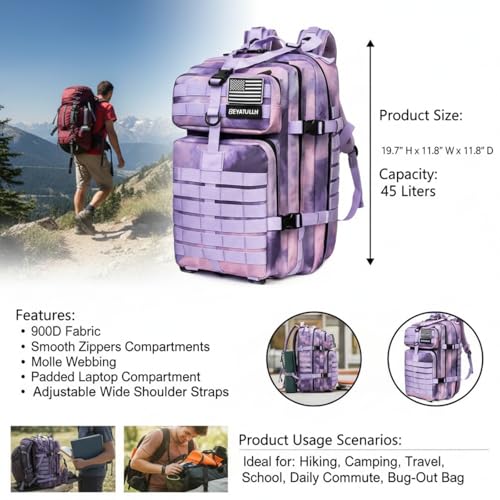 45L Military Tactical Backpack for Men & Women Bug Out Bag Assault pack Molle Daypack Hiking Trekking Rucksack (Cloud purple) - color: Cloud Purple