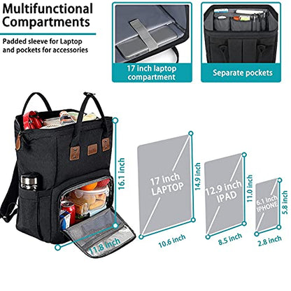 17 Inch Laptop Backpack, Large Lunch Backpack for Women Men Gifts, Travel Carry On with Lunch Box and USB Port, Insulated Cooler Bookbag Nurse Work Backpacks, Black - color: Black-17inch