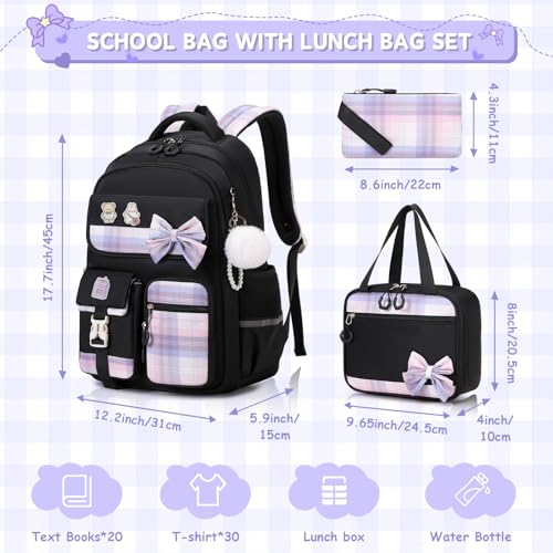 MOONBABY Girls Backpack, Kids Backpack for Girls School Bags with Lunch Bag & Pen Case, Bow Plaid Book Bag for Elementary Middle Primary High School College,Black-3pcs - color: Black Set