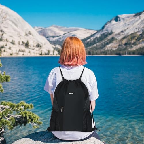 WANDF Drawstring Backpack Sports Gym Sackpack with Mesh Pockets Water Resistant String Bag for Women Men(Black) - color: Black