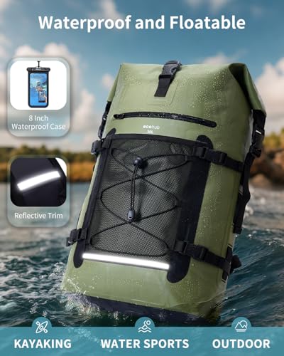 ECOHUB Waterproof Backpack for Women Men, 30L Roll-Top Closure Heavy Duty Dry Bag for Travel with IPX8 Waterproof Phone Case - color: Green