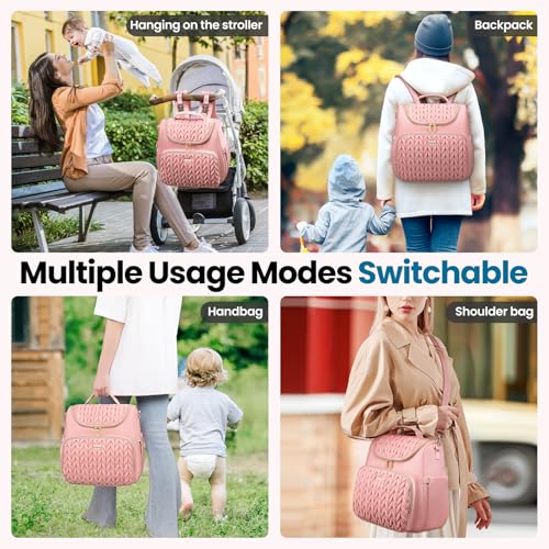 Tealari 4 in 1 Convertible Diaper Bag Backpack,Waterproof Baby Diaper Bag with Changing Pad,Converts into Baby Tote Bag,Diaper Backpack,Stroller Bag and Crossbody Diaper Bag - color: Pink