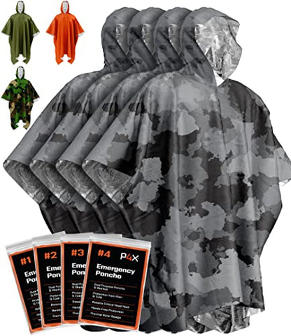 PREPARED4X Emergency Mylar Poncho – Survival Rain Poncho with Hood – Lightweight, Compact, Reusable Emergency Blanket Poncho for Hiking, Camping, Thermal Gear, Car Kit, Outdoors - color: Grey Camo 4-pack