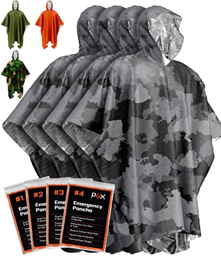 PREPARED4X Emergency Mylar Poncho – Survival Rain Poncho with Hood – Lightweight, Compact, Reusable Emergency Blanket Poncho for Hiking, Camping, Thermal Gear, Car Kit, Outdoors - color: Grey Camo 4-pack