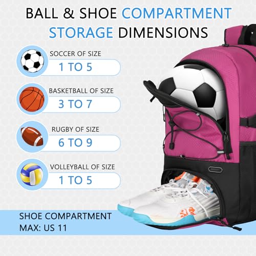 Goloni 30L Sports Backpack with Ball Compartment & Ventilated Shoe Pocket,Basketball Soccer Bag for Youth Boys Girls - color: Rose