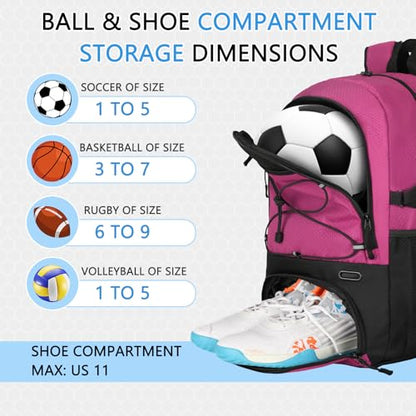 Goloni 30L Sports Backpack with Ball Compartment & Ventilated Shoe Pocket,Basketball Soccer Bag for Youth Boys Girls - color: Rose