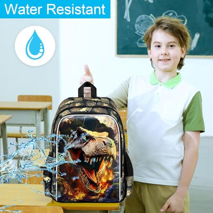 3Pcs Dinosaur Backpack for Boys, 16" Kids School Bookbag with Lunch Box, Dino Backpacks Set for Elementary Preschool Kindergarten(Brown) - color: Dionsaur Brown01