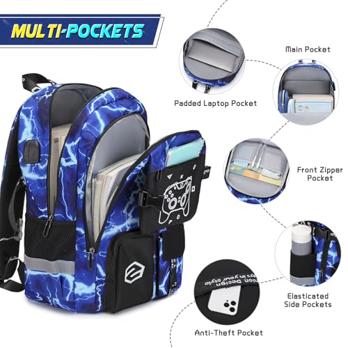 Scothen Boys Backpack, Cool Luminous Gamer School Backpacks for Boys with 14oz Insulated Water Bottle Lunch Bag Pencil Case, Kids Backpack Book Bags for Kindergarten Elementary Middle School - color: Lightning-blue