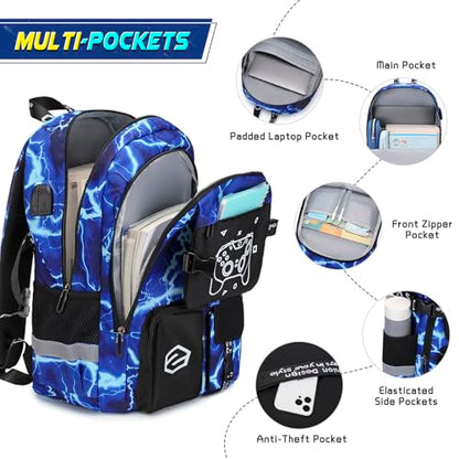 Scothen Boys Backpack, Cool Luminous Gamer School Backpacks for Boys with 14oz Insulated Water Bottle Lunch Bag Pencil Case, Kids Backpack Book Bags for Kindergarten Elementary Middle School - color: Lightning-blue