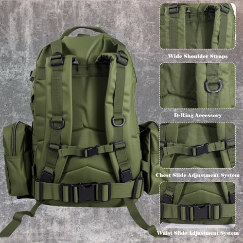60L Tactical Backpack Military 3-Day Assault Pack, Waterproof Molle System Rucksack with Detachable Bag, Survival Bug Out Backpack for Men & Women(ArmyGreen) - color: Army Green