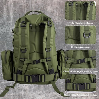 60L Tactical Backpack Military 3-Day Assault Pack, Waterproof Molle System Rucksack with Detachable Bag, Survival Bug Out Backpack for Men & Women(ArmyGreen) - color: Army Green