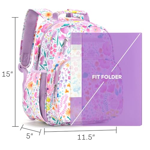 mibasies Kids Backpack for Girls 5-8: Water-Resistant School Bookbag for Kindergarten and Elementary - Flower Light Purple - color: Flower Light Purple, style: Kids-15"h