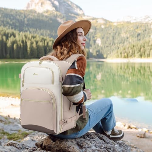 LOVEVOOK Travel Essentials Carry on Backpack 40L Travel Backpack for Women Men,Waterproof TSA Personal Item Travels Bag Airline Flight Approved,Large Carry on Luggage Laptop Backpack with Packing Cube - color: Off-white - Grayish Pink - Dark Brown, size: