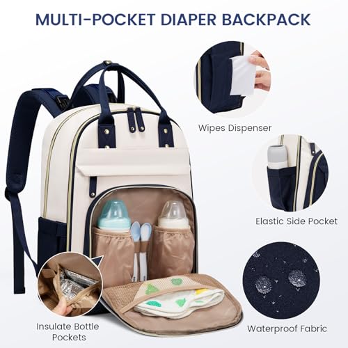 LOVEVOOK Diaper Bag Backpack, Baby Bag with Changing Pad, Large Diaper Backpack Boy Girl, Waterproof Baby Registry Bag for Mom Dad with Stroller Buckles, Dark Blue-beige - color: Dark Blue-beige