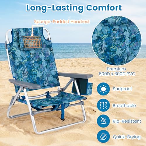 COSTWAY Portable Folding Backpack Beach Chairs Set of 2 with 5-Position Backrest, Padded Headrest, Cup Holder & Ice Bag for Lawn, Poolside (Tropical Leaf) - color: Tropical Leaf
