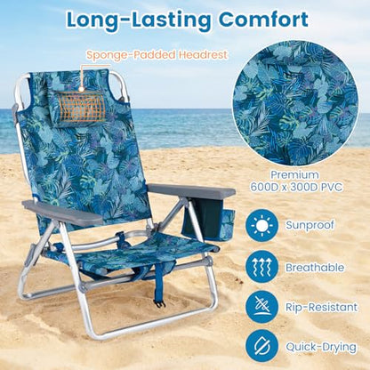 COSTWAY Portable Folding Backpack Beach Chairs Set of 2 with 5-Position Backrest, Padded Headrest, Cup Holder & Ice Bag for Lawn, Poolside (Tropical Leaf) - color: Tropical Leaf