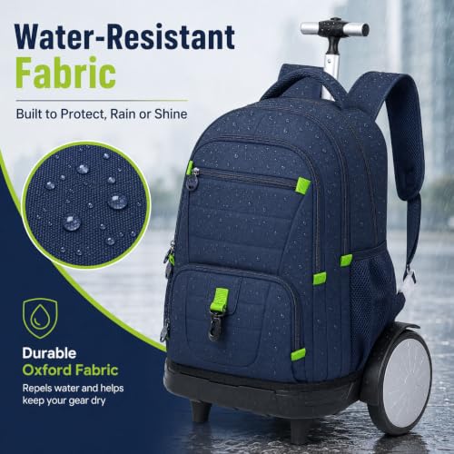 CCJPX 3Pcs Men & Boys Rolling Backpack with Bigger Wheels, Extra-Large Wheeled Bookbag with Lunch Box, Water Resistant Roller Luggage for Travel, Work, College (Blue) - color: Blue(upgrade Large Wheel)