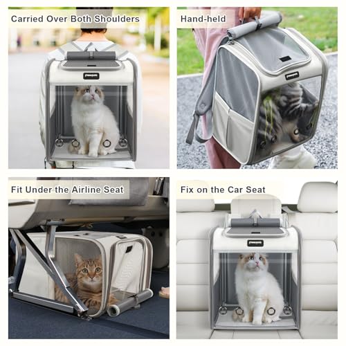 Cat Carrier Backpack, Large Pet Carrier Backpack, Cat Travel Backpack with Breathable Mesh, Cats Backpack Carrier for Small Dog Kitten Cats Carrying Bag, Pet Backpack for Hiking, Light Gray