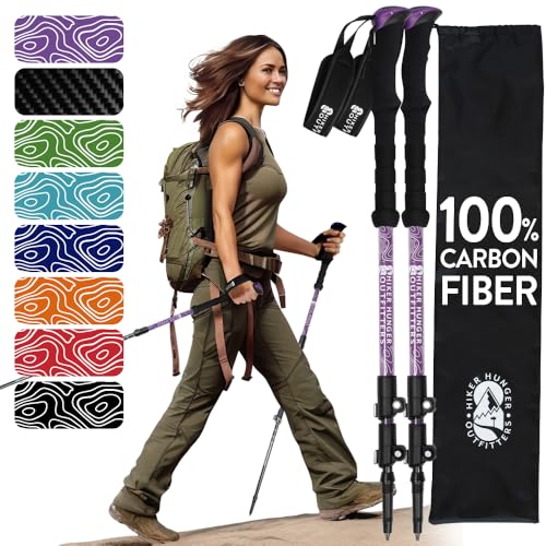 100% Carbon Fiber Trekking Poles by USA Brand - Ultra Strong Lightweight Collapsible Hiking Poles with Cork and EVA Foam Grips & Quick Adjustable Flip Locks - color: EVA Foam - Purple