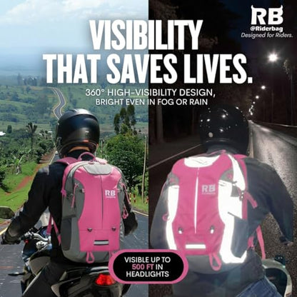 riderbag Reflective Motorcycle Backpack, Hi Viz Commuter Riding Bag | Designed by Riders for Everyday Rides with Laptop Compartment and Helmet Net. Built to Help You Be Seen. - color: Pink