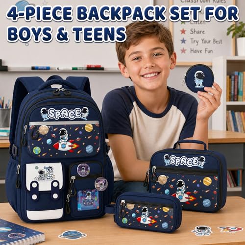 Space Backpack for Boys, 4 PCS Boys Backpack with Lunch Box Set, Spaceman Large Laptop Bookbag, School Bag for Elementary Kids & Teens - color: Space