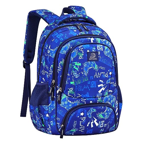 MYGOO Boys School Backpack Doubleday Gamer Blue Bookbag for Elementary Middle School Ages 5-12, 17 inch Large Capacity 24L Kids Student Travel Bags - color: Doubleday Gamer Blue